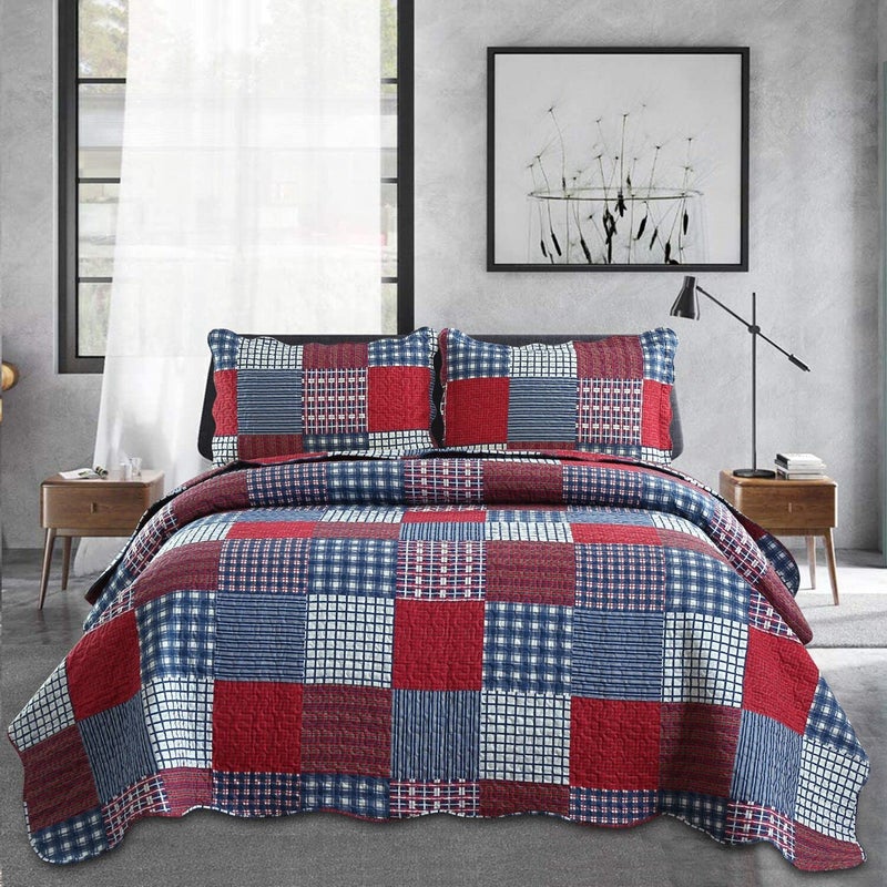 JessyHome Jessy Home Plaid Quilt Set King Bedspread Coverlet Set Red Blue White Patchwork King Size Quilt Set Bedding Soft Lightweight Quilts Coverlet Country Reversible Quilt Bed Spread with 2 Pillow Shams - Image 1